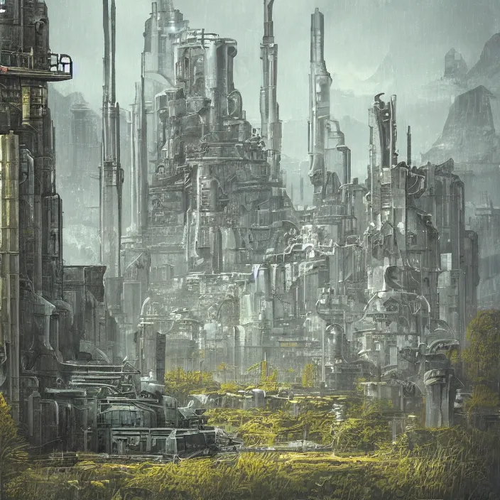 Image similar to a building in a serene landscape, dieselpunk