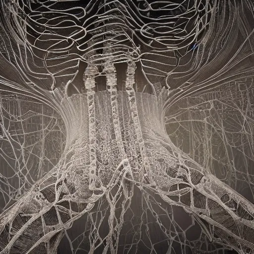 Image similar to biocomputer human organ inside a neural network made like antique lace in a biomechanical cave forest, intricate environment, matte painting, diffused lighting, highly detailed cinematic, atmosphere, diffused lighting, highly detailed digital art, trending on artstation, depth of field, wide angle