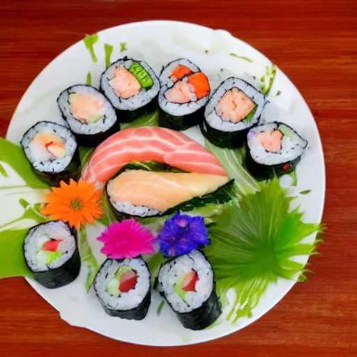 Prompt: sushi made of flowers