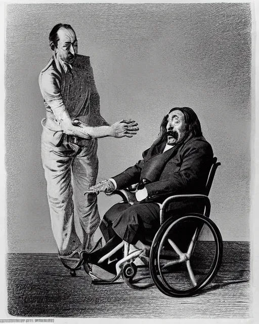 Prompt: Salvador Dali in a wheelchair with a broken leg, his arm in a cast and a black eye being pushed by an orderly who is wearing a T-Shit that says Stable Diffusion Rocks, Photorealistic