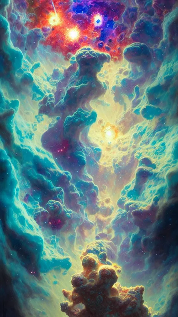 Image similar to psychedelic transcendent puffs! of smoke explosion, space, supernova, nebulae, pillars of creation, enlightenment, high contrast lighting, highly detailed, concept art, art by collier, albert aublet, krenz cushart, artem demura, alphonse mucha