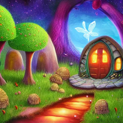 Prompt: little mushroom house with doors and windows magical forest landscape with fireflies, detailed luminescent painting 4 k