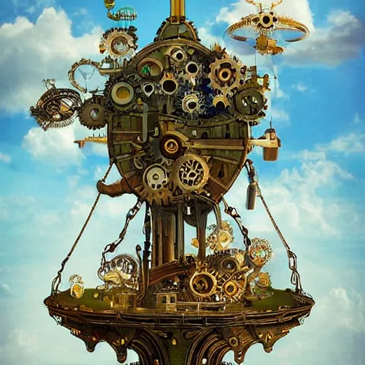 Image similar to flying city in a mechanical flower, sky, fantasy art, steampunk, masterpiece