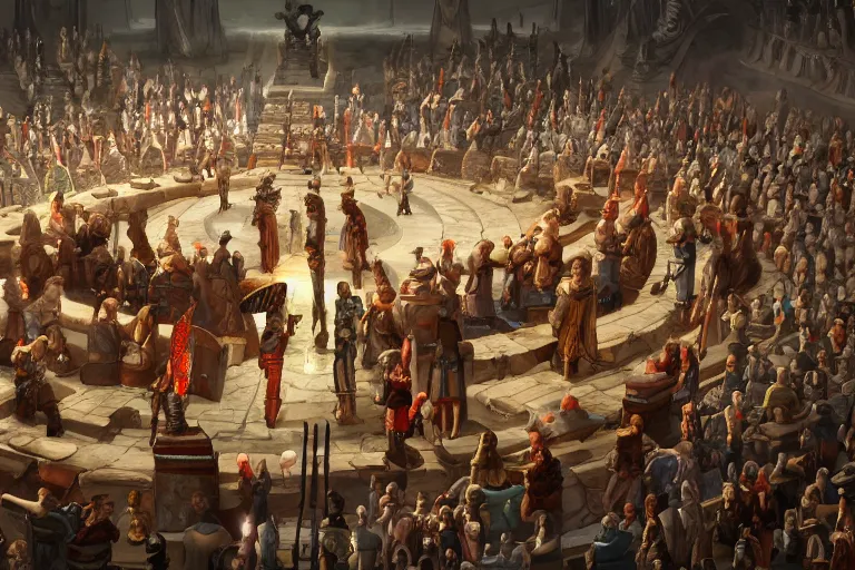 Prompt: meeting of the gods in a giant round table, digital painting, mixed media, trending on artstation and deviantart, epic composition, highly detailed, 8 k