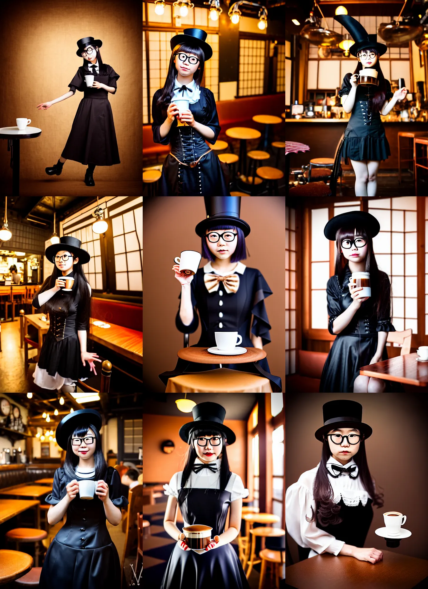 Prompt: full body realistic photograph of a cute young japanese girl wearing a elegant gothic dress, open top, wearing a tophat, and glasses. drinking coffee in a steampunk cafe. studio lighting, at night, highly detailed