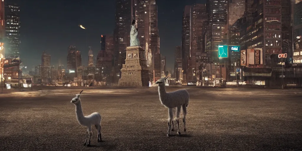 Image similar to a llama walking through a desolate city street at night, statue of liberty seen in the background, realistic 4 k octane beautifully detailed render, 4 k post - processing, highly detailed, intricate complexity, epic composition, magical atmosphere, cinematic lighting, masterpiece, ultra hd