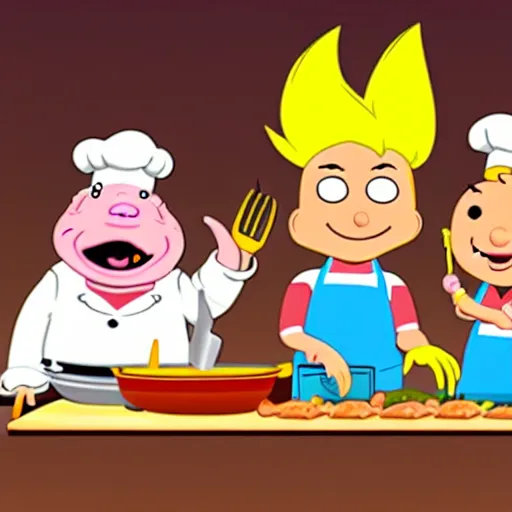 Image similar to cartoon characters, rick and porky cooking a brisket, cell animation