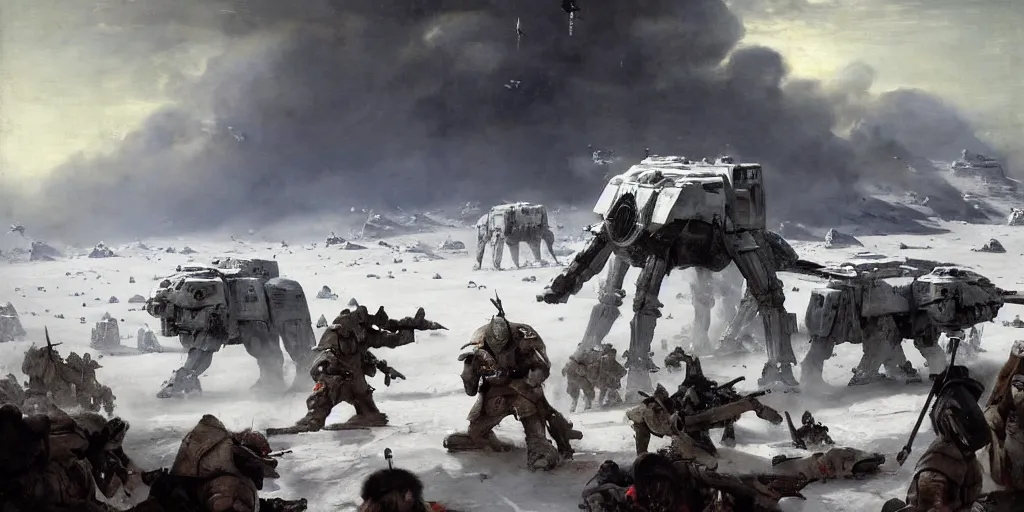 Image similar to the battle of hoth, rebel soldiers fighting enormous atat walkers painted by jan matejko, greg rutkowski and gustave courbet. oil on canvas, sharp focus, cinematic atmosphere, detailed and intricate, perfect anatomy, detailed and intricate environment and characters