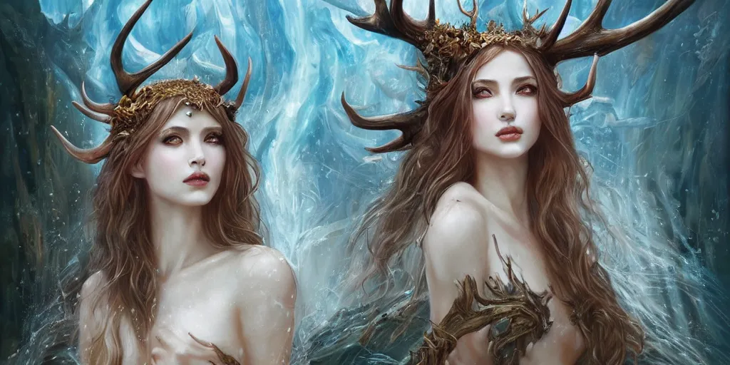 Image similar to a portrait of a female elf sorceress with antlers bathing in a lake by karol bak and jia ruan, beautiful detailed eyes, cute, fantasy, intricate, elegant, highly detailed, digital painting, 4 k, hdr, concept art, detailed jewelry, smooth, sharp focus, illustration, art by artgerm