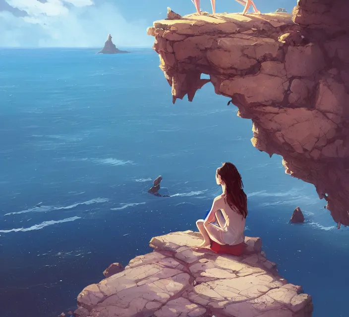 Image similar to a girl sitting on a cliffside overlooking the beach, blue waters, ripples, waves, reflections, details, sharp focus, illustration, by Jordan Grimmer and greg rutkowski, Trending artstation, pixiv, digital art