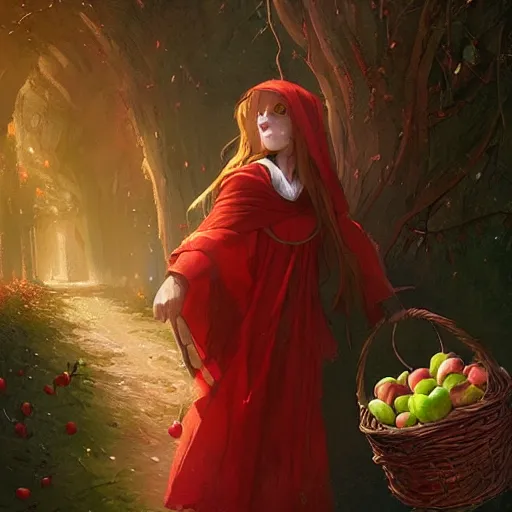 Image similar to a girl with a red cloak holding a basket full of apples, by Jordan Grimmer and greg rutkowski, crisp lines and color,