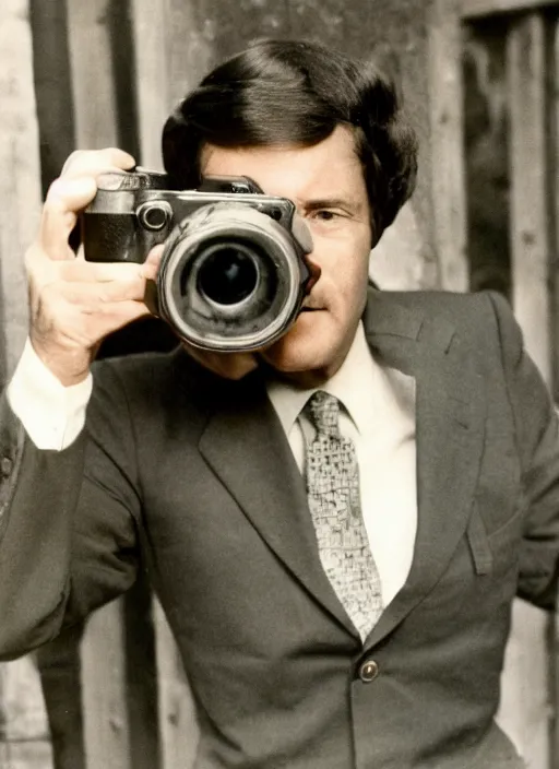 Prompt: a man in the 1 9 7 0 s holding a camera