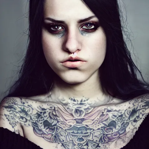 Prompt: a portrait of a stunningly beautiful emo female with bottom lip tattoos, dark eyes, dark hair, olive skin, depth of field, zeiss lens, detailed, centered, artstation, fashion photoshoot, by Annie Leibovitz and Steve McCurry, David Lazar, Jimmy Nelsson, Breathtaking, 8k resolution, extremely detailed, beautiful, establishing shot, artistic, hyperrealistic, beautiful face, octane render
