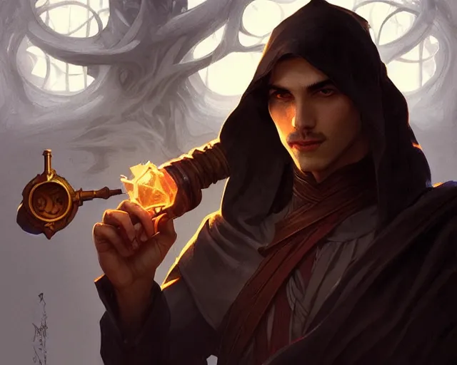 Prompt: young shadow mage male, holding a pipe, shrouded face, deep focus, d & d, fantasy, intricate, elegant, highly detailed, digital painting, artstation, concept art, matte, sharp focus, illustration, hearthstone, art by artgerm and greg rutkowski and alphonse mucha