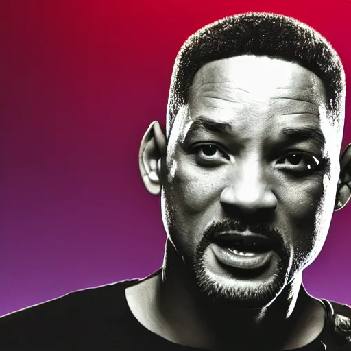 Prompt: portrait of sad will smith speaking with android robot. centered, dramatic posing. cinematic. dark grey background, hyper detailed, 4 k, high quality, smooth, sharp focus, hyper reealistic, colored