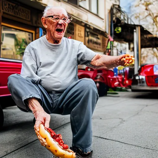 Image similar to portrait of a elderly man throwing a hotdog, 🌭, canon eos r 3, 8 0 mm f / 1. 2, iso 2 0 0, 1 / 1 6 0 s, 8 k, raw, unedited, symmetrical balance,