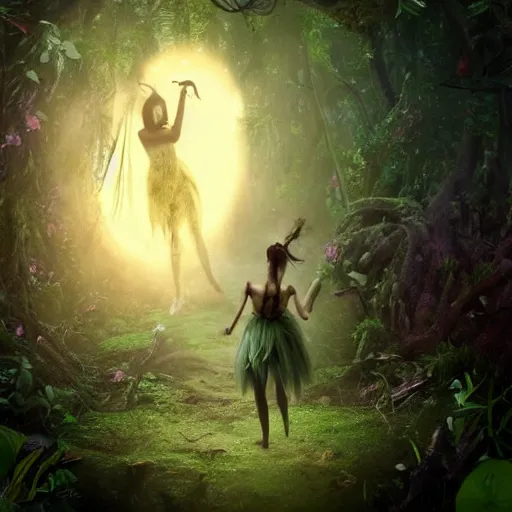 Prompt: a doomed fairy walking towards a ravenous, horrific portal to hades embedded in a creepy tree in a densely overgrown, magical jungle, fantasy, dreamlike sunraise, stopped in time, dreamlike light incidence, ultra realistic