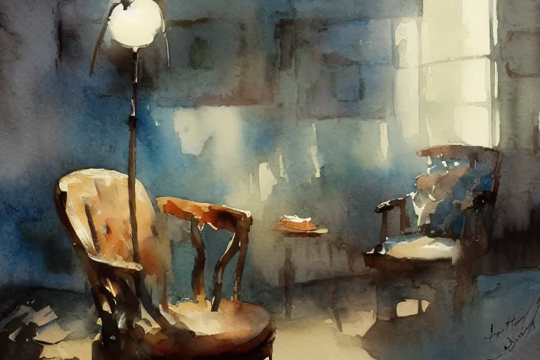 Prompt: small centered on watercolor paper, paint brush strokes, abstract watercolor painting of old man sitting on broken chair, cinematic light, national romanticism by hans dahl, by jesper ejsing, by anders zorn, by greg rutkowski, by greg manchess, by tyler edlin