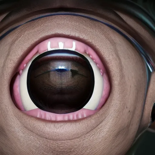 Image similar to headshot portrait of person with hyperrealistic human eye inside mouth, closeup, macro shot, hyperrealistic, extreme detail, ray tracing, octane render