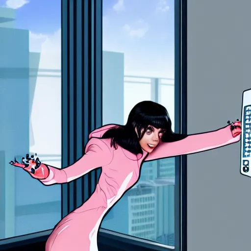 Prompt: Charli XCX throwing a computer out a window, artstation, digital art, high resolution