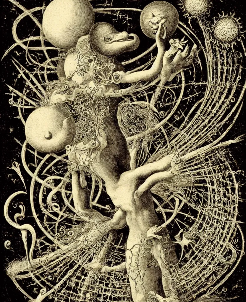 Prompt: whimsical freaky creature sings a unique canto about'as above so below'being ignited by the spirit of haeckel and robert fludd, breakthrough is iminent, glory be to the magic within, in honor of jupiter