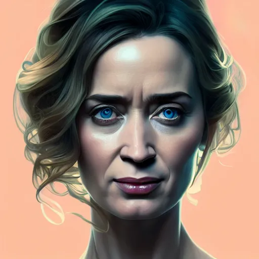 Image similar to character concept portrait of emily blunt, beautiful voluminous muscular tall healthy and virtuous. modestly clothed, intricate, elegant, highly detailed, digital painting, artstation, concept art, symmetry, smooth, sharp focus, illustration, art by mandy jurgens and alphonse mucha and alena aenami