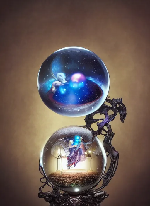 Image similar to dreamscape in a crystal ball on a stand, centered, studio product photography, gorgeous lighting, highly detailed, by ross tran and norman rockwell and greg rutkowski and lucasfilm