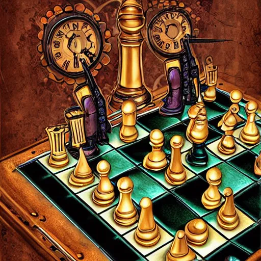 Prompt: queens gambit chess, steampunk, high detail, digital art