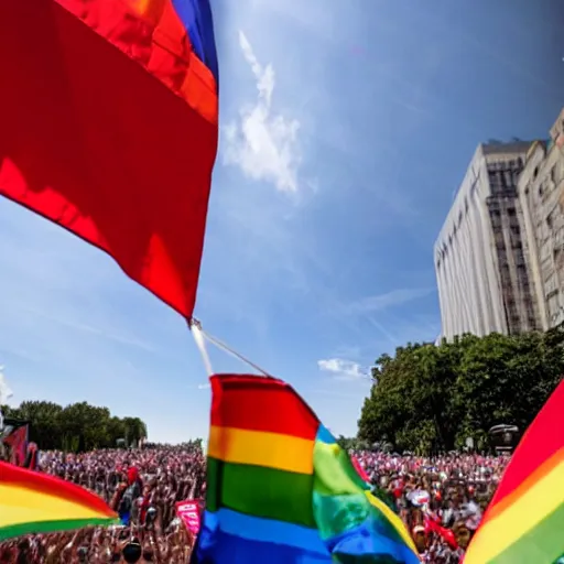 Prompt: donald trump waving a rainbow flag at a pride parade