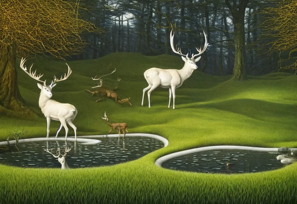 Image similar to hyper detailed 3d render like a Oil painting - white stag drinking from a small pool in a peaceful lush meadow, by Jacek Yerka, Mariusz Lewandowski, Houdini algorithmic generative render, Abstract brush strokes, Masterpiece, Edward Hopper and James Gilleard, Zdzislaw Beksinski, Mark Ryden, Wolfgang Lettl, hints of Yayoi Kasuma, octane render, 8k