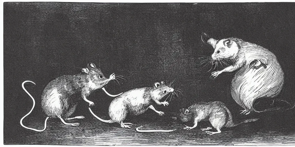 Image similar to third person view of a rat looking at a big cat, alice in wonderland book style, 1 8 9 0 s
