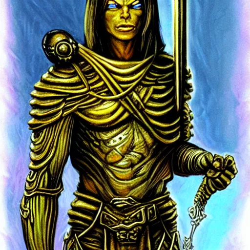 Image similar to ( ( ( half length portrait of yellow - skinned githyanki warrior holding a magical silver sword, in the astral plane ) ) ), d & d, fantasy, medieval, hr giger