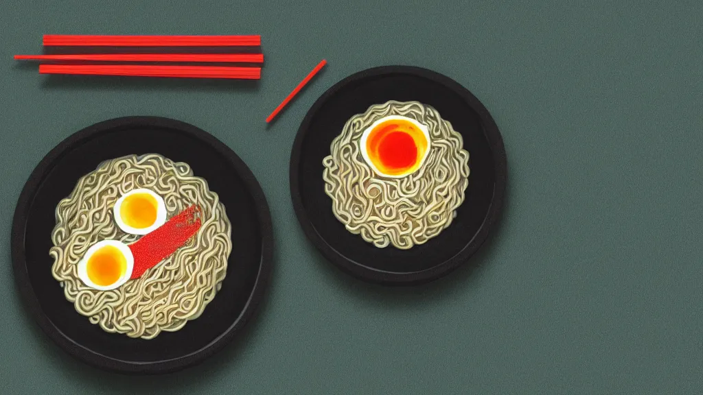 Image similar to an bowl of ramen, japan, a collage painting, in the style of wes anderson, lola dupre, david hockney, isolated on negative white space background dark monochrome neon spraypaint accents volumetric octane render