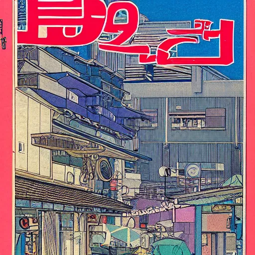 Image similar to 1979 magazine cover depicting a futuristic Japanese village at street level. Art in the style of Moebius, cyberpunk, masterpiece