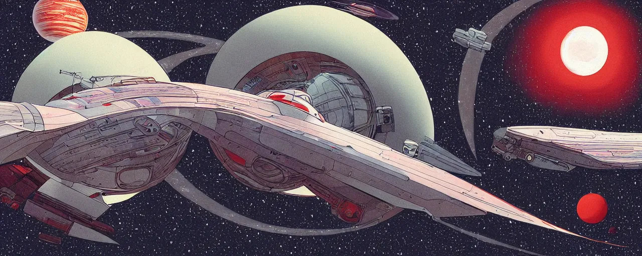 Image similar to illustration of a retro sci fi spaceship. the ship is white with two red stripes. Landscape image of a spaceship with a planet and stars in the background. Moebius. digital painting. extremely detailed science fiction art. high resolution image.