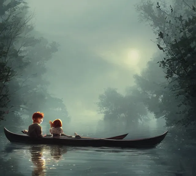 Image similar to a boy and a girl with long flowing auburn hair sitting together on the rowboat. Boy has black short hair, boy has black short hair. Atmospheric lighting, long shot, romantic, boy and girl are the focus, trees, river. details, sharp focus, illustration, by Jordan Grimmer and greg rutkowski, Trending artstation, pixiv, digital art