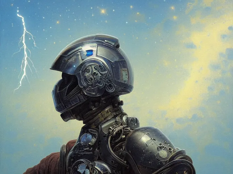 Image similar to a detailed profile oil painting of a lone bountry hunter in a space armour with reflective helmet, cinematic sci-fi poster. technology flight suit, bounty hunter portrait symmetrical and science fiction theme with lightning, aurora lighting clouds and stars by beksinski carl spitzweg and tuomas korpi. baroque elements, full-length view. baroque element. intricate artwork by caravaggio. Trending on artstation. 8k