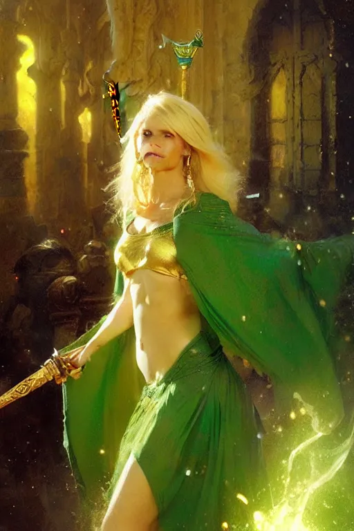 Image similar to blonde female wizard in a green dress, holding a magical sceptre, and wearing a gold ring portrait dnd, painting by gaston bussiere, craig mullins, greg rutkowski, yoji shinkawa