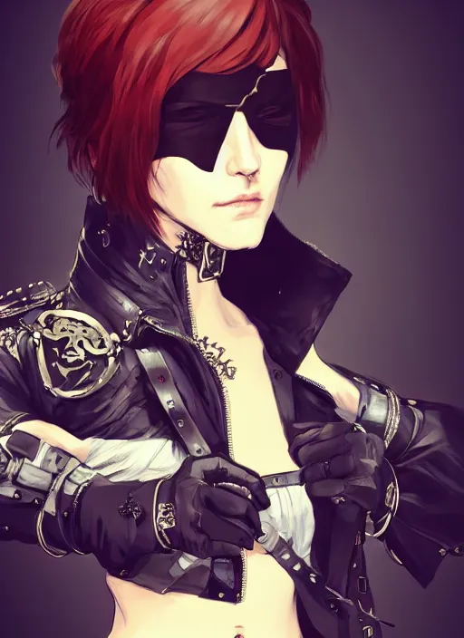 Prompt: Half body portrait of young woman with short hair, eyepatch and ornate leather jacket, pirate attire. In style of Yoji Shinkawa and Hyung-tae Kim, trending on ArtStation, dark fantasy, great composition, concept art, highly detailed, dynamic pose.