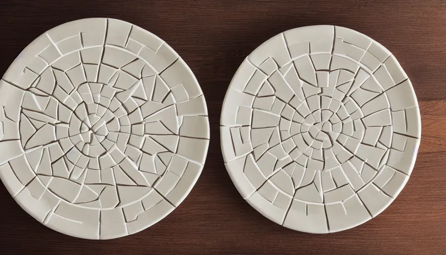 Image similar to recipe blog photo of a geometric tessellating dessert on a ceramic plate, top-down view