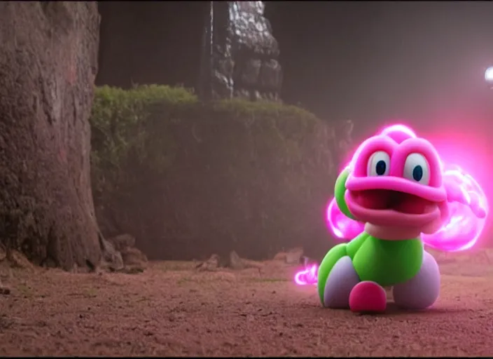 Image similar to film still of pink yoshi in the new sci - fi movie, 8 k