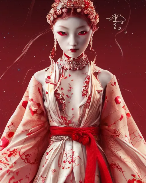 Image similar to detailed photo of pearl japanese doll, beautiful clothes, innocent, elegant red dress, 8 k, by tristan eaton, stanley artgermm, tom bagshaw, greg rutkowski, carne griffiths, trending on deviantart, hyper detailed, glorious lighting, epic environment