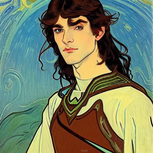 Image similar to portrait painting of young handsome beautiful paladin elf!! man with long! wavy dark hair and blue eyes in his 2 0 s named taehyung minjun james, pale, wearing armor!, gorgeous hair, elf ears, icy eyes, elegant, cute, delicate, soft facial features, art by alphonse mucha, vincent van gogh, egon schiele,