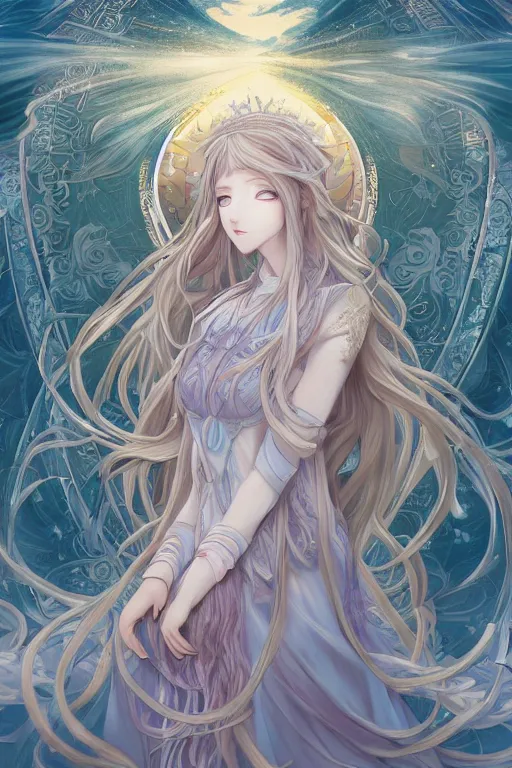 Image similar to breathtaking detailed anime painting of a knight queen with long flowing blue hair, pastel flower petals flying, art by pilyeon, yuumei art, symmetrical facial features, at dawn in front of a pristine golden art nouveau cathedral, elegant, volumetric lighting, highly detailed, artstation, concept art, matte, sharp focus,