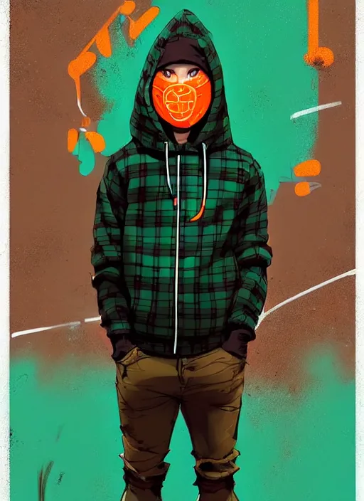 Image similar to highly detailed portrait of a sewer style seattle student, tartan hoody, by atey ghailan, by greg rutkowski, by greg tocchini, by james gilleard, by joe fenton, by kaethe butcher, gradient green, brown, blonde crea, orange, brown and white color scheme, grunge aesthetic!!! ( ( graffiti tag wall background ) )