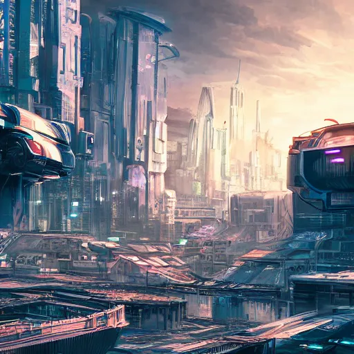 Image similar to futuristic city with neon lights and flying cars panoramic view surrounded by post apocalyptic wasteland, concept art, 4 k, intricate detail, sharp focus