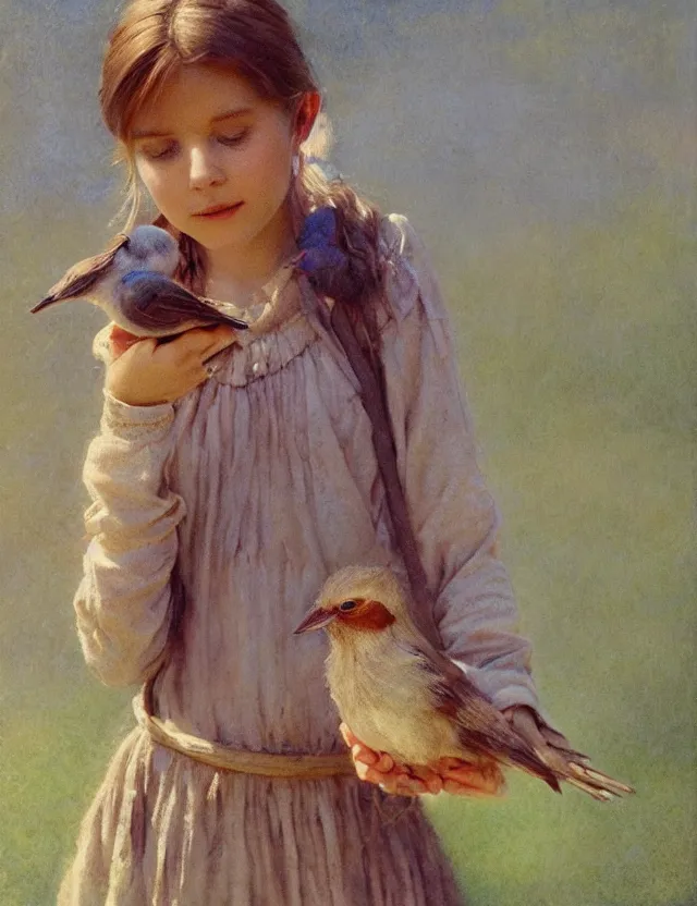 Image similar to portrait of little peasant girl holding bird in her hands, cottage core, cinematic focus, polaroid photo bleached vintage pastel colors high - key lighting, soft lights, foggy, by steve hanks, by lisa yuskavage, by serov valentin, by tarkovsky, 8 k render, detailed, oil on canvas