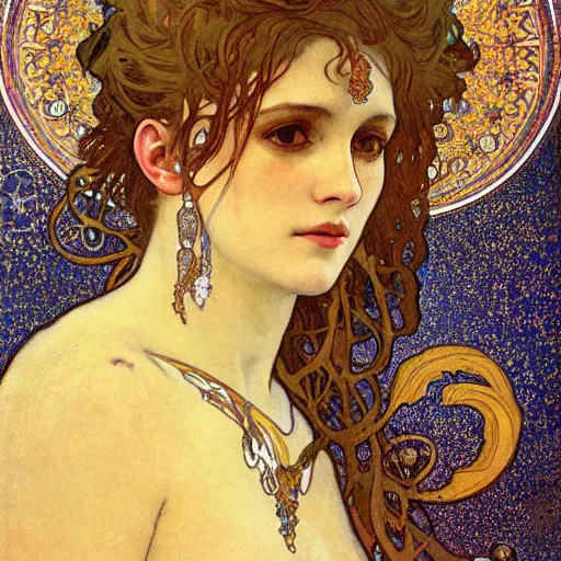 Prompt: salome among the stars beautiful detailed romantic art nouveau face portrait by alphonse mucha and gustav klimt, hauntingly beautiful refined moody celestial dreamscape