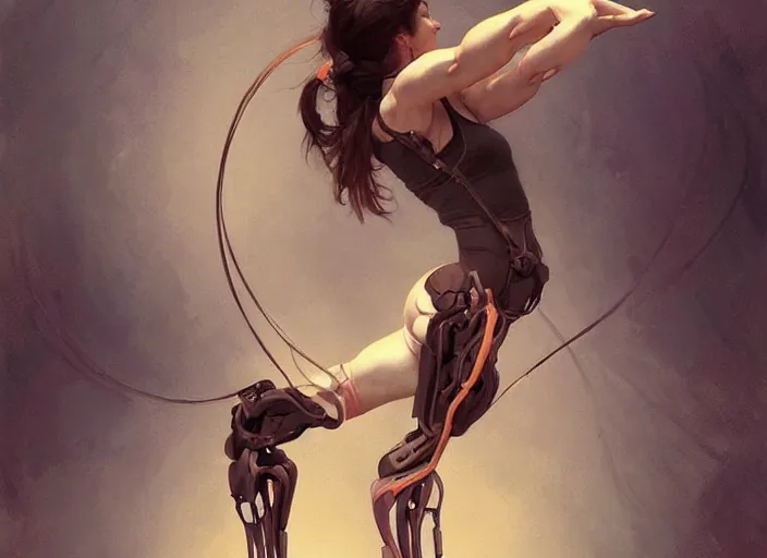 Image similar to extreme yoga pose, exoskeleton, technology, posing, elegant, highly detailed, digital painting, artstation, concept art, smooth, sharp focus, illustration, art by krenz cushart and artem, demura and alphonse mucha