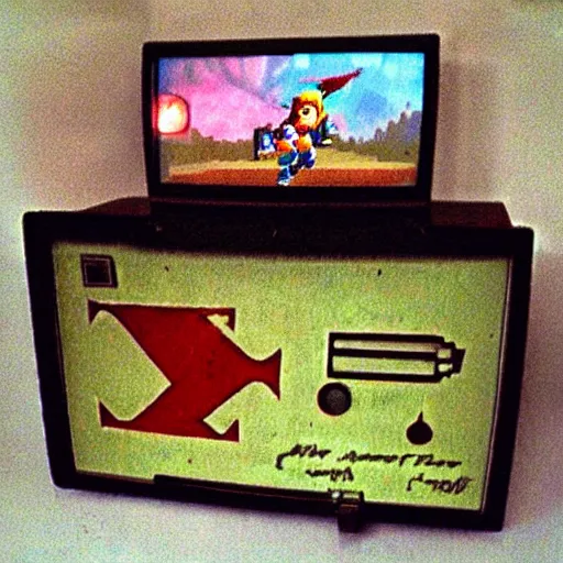 Prompt: photo of an old TV running Legend of Zelda: Ocarina of time